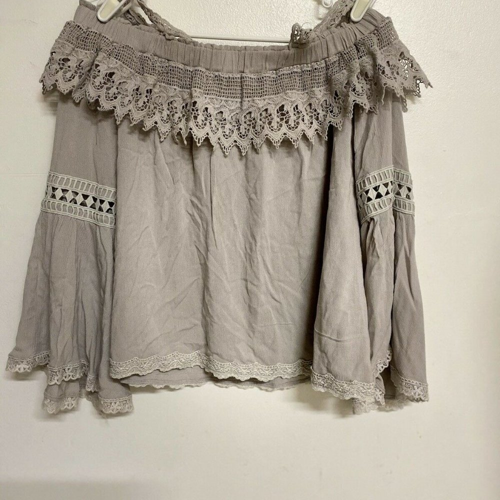 Lumie Cold Shoulder Long Sleeve‎ Women's Embraided Tunic Tops Grey Sz M